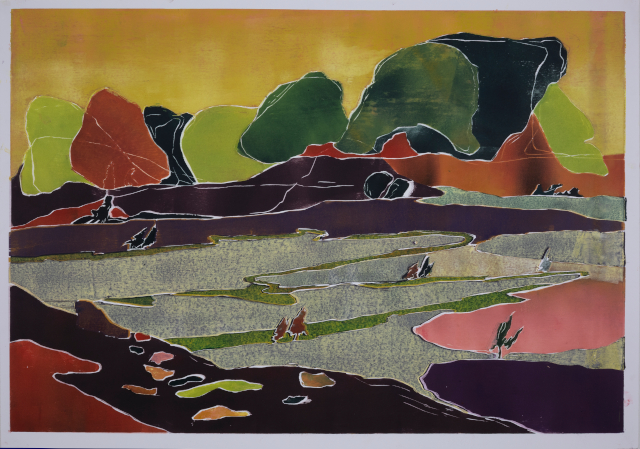 Dette træsnit af Jesper Palm viser et landskab. Foto: Jesper Palm.